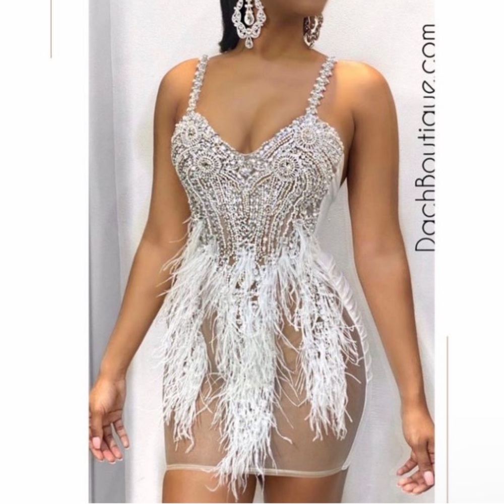 White & Silver Dach Boutique Dress with diamonds and feathers